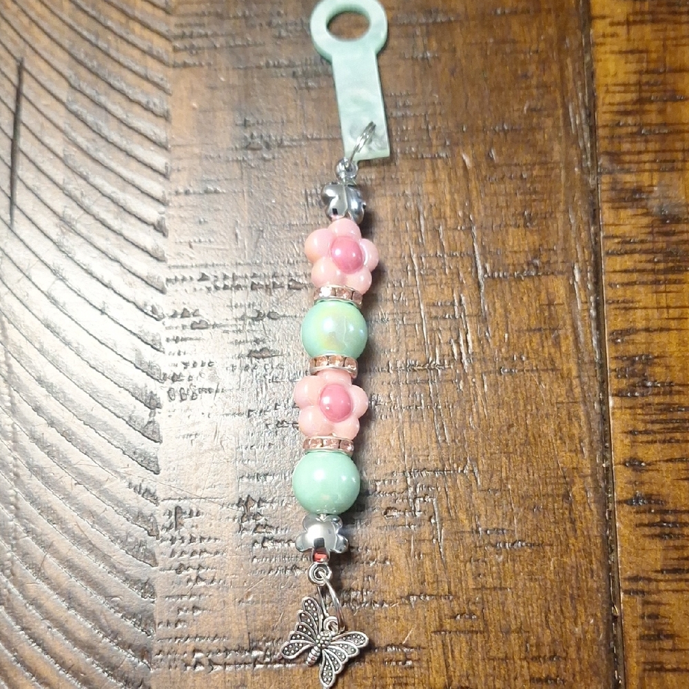 Pink and Green Beaded Straw Charm with Butterfly Charm